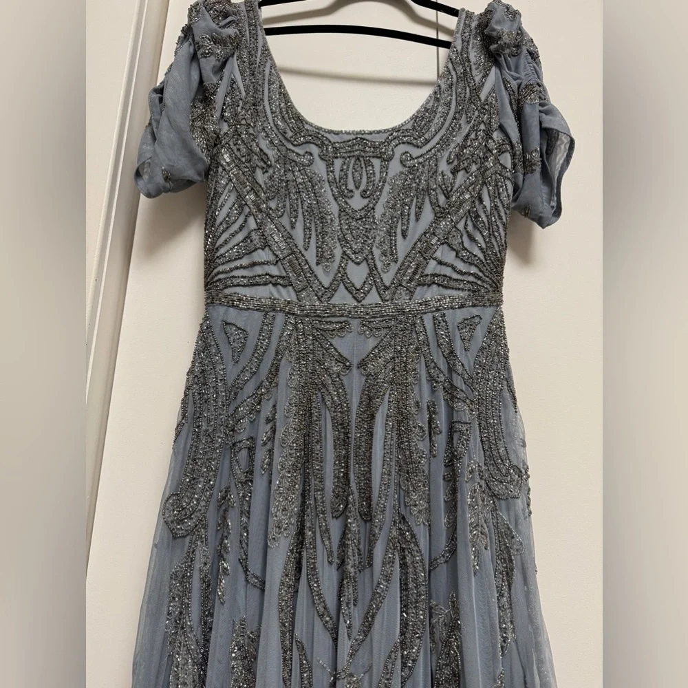 NWT |Mac Duggal A5434 Silver Short Sleeve Beaded A-line Tea Length Dress Size 10 - Picture 6 of 16